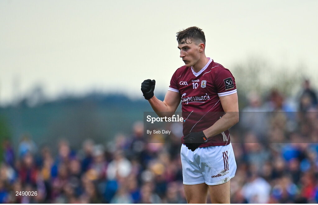 23 April 2023; Matthew Tierney of Galway celebrates kicking a point during the Connacht GAA Football Senior Championship Semi-Final match between Roscommon and Galway at Dr Hyde Park in Roscommon. Photo by Seb Daly/Sportsfile