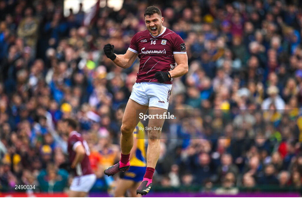23 April 2023; Damien Comer of Galway celebrates after scoring his side's first goal during the Connacht GAA Football Senior Championship Semi-Final match between Roscommon and Galway at Dr Hyde Park in Roscommon. Photo by Seb Daly/Sportsfile