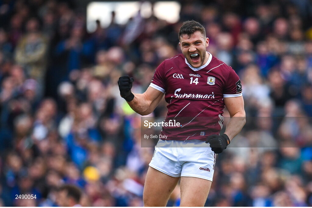 23 April 2023; Damien Comer of Galway celebrates after scoring his side's first goal during the Connacht GAA Football Senior Championship Semi-Final match between Roscommon and Galway at Dr Hyde Park in Roscommon. Photo by Seb Daly/Sportsfile