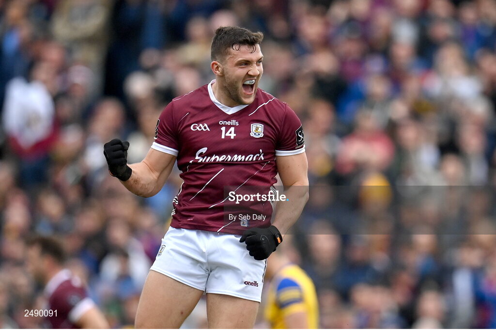 23 April 2023; Damien Comer of Galway celebrates after scoring his side's first goal during the Connacht GAA Football Senior Championship Semi-Final match between Roscommon and Galway at Dr Hyde Park in Roscommon. Photo by Seb Daly/Sportsfile