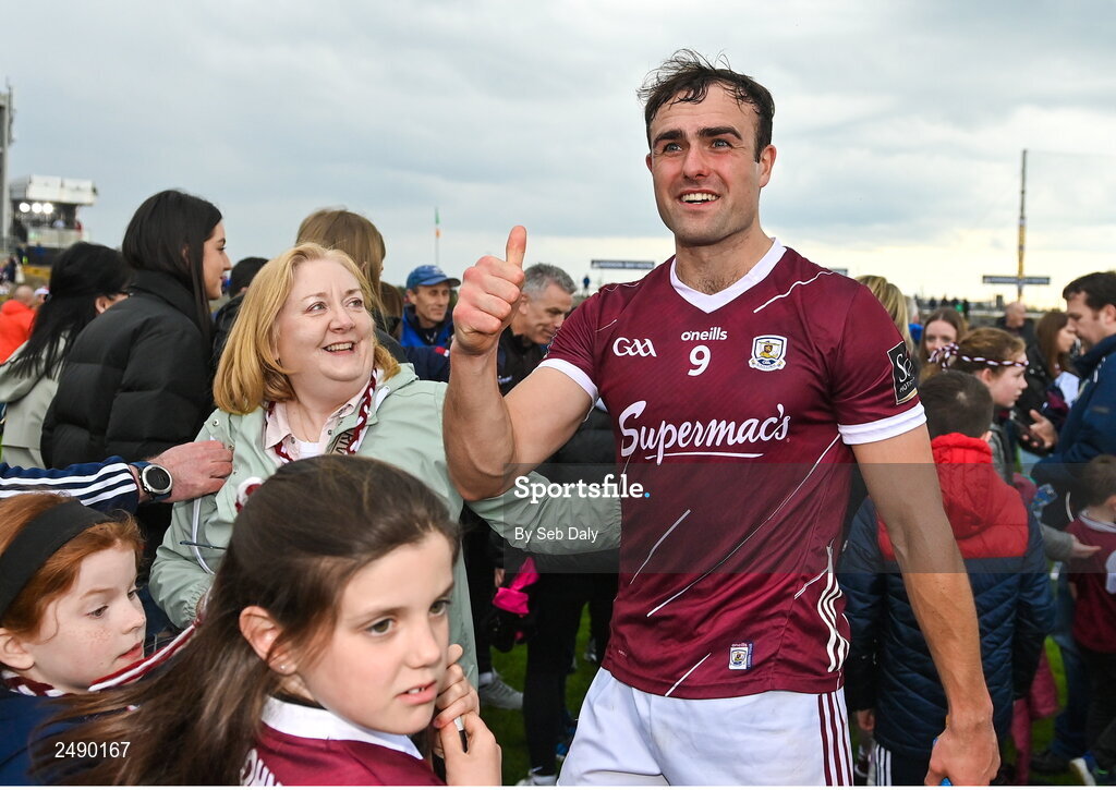 23 April 2023; John Maher of Galway with supporters after their side's victory in the Connacht GAA Football Senior Championship Semi-Final match between Roscommon and Galway at Dr Hyde Park in Roscommon. Photo by Seb Daly/Sportsfile
