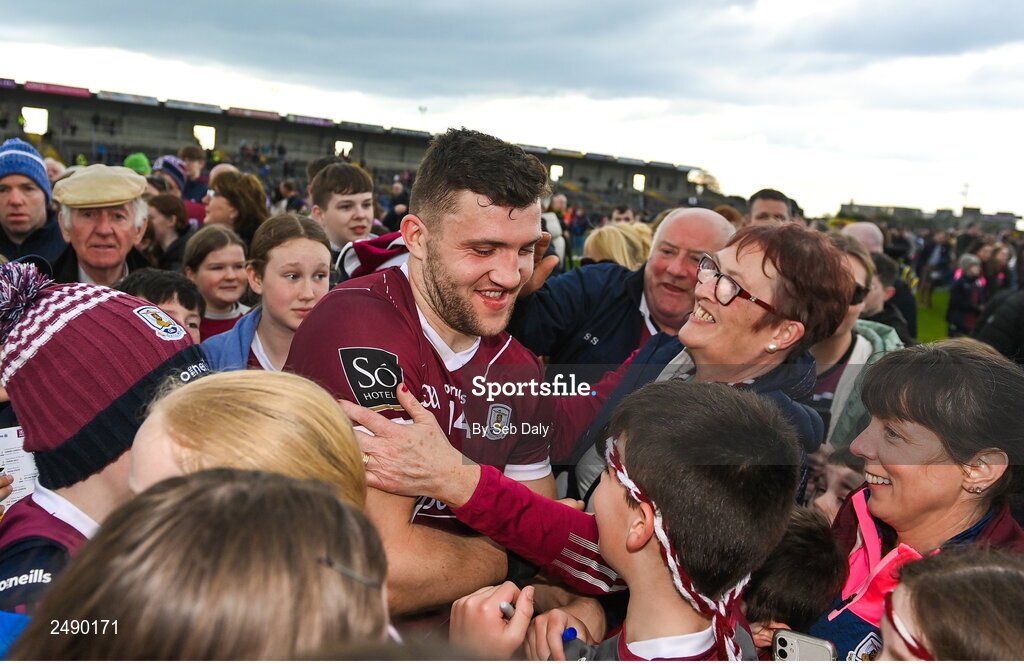 23 April 2023; Damien Comer of Galway with supporters after their side's victory in the Connacht GAA Football Senior Championship Semi-Final match between Roscommon and Galway at Dr Hyde Park in Roscommon. Photo by Seb Daly/Sportsfile
