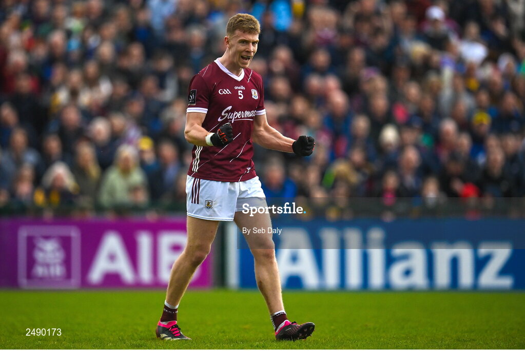 23 April 2023; Dylan McHugh of Galway celebrates at the final whistle after his side's victory in during the Connacht GAA Football Senior Championship Semi-Final match between Roscommon and Galway at Dr Hyde Park in Roscommon. Photo by Seb Daly/Sportsfile