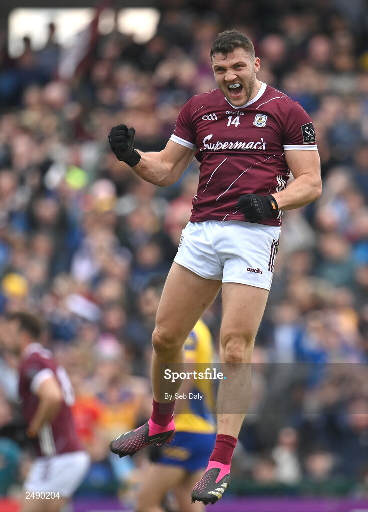 23 April 2023; Damien Comer of Galway celebrates after scoring his side's first goal during the Connacht GAA Football Senior Championship Semi-Final match between Roscommon and Galway at Dr Hyde Park in Roscommon. Photo by Seb Daly/Sportsfile