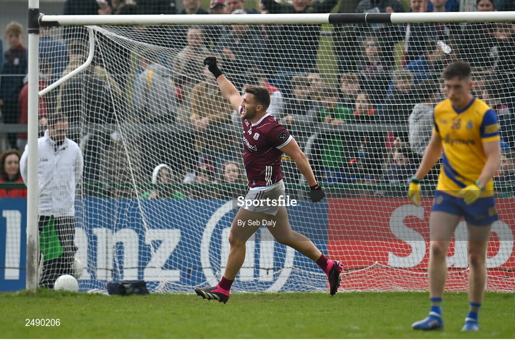 23 April 2023; Damien Comer of Galway celebrates scoring a late point during the Connacht GAA Football Senior Championship Semi-Final match between Roscommon and Galway at Dr Hyde Park in Roscommon. Photo by Seb Daly/Sportsfile