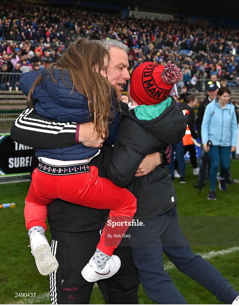 23 April 2023; Galway manager Padraic Joyce celebrates with his children Jodie, left, and Charlie, after their side's victory in the Connacht GAA Football Senior Championship Semi-Final match between Roscommon and Galway at Dr Hyde Park in Roscommon. Photo by Seb Daly/Sportsfile