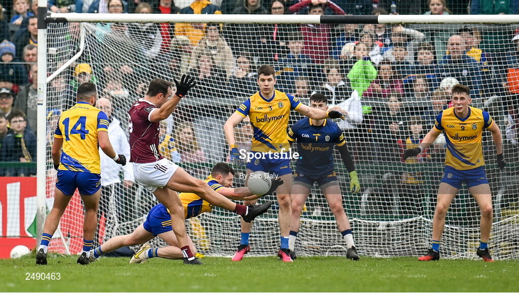 23 April 2023; John Maher of Galway kicks a point during the Connacht GAA Football Senior Championship Semi-Final match between Roscommon and Galway at Dr Hyde Park in Roscommon. Photo by Seb Daly/Sportsfile