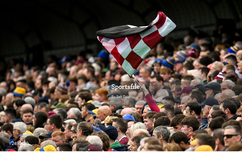 23 April 2023; A Galway flag during the Connacht GAA Football Senior Championship Semi-Final match between Roscommon and Galway at Dr Hyde Park in Roscommon. Photo by Seb Daly/Sportsfile