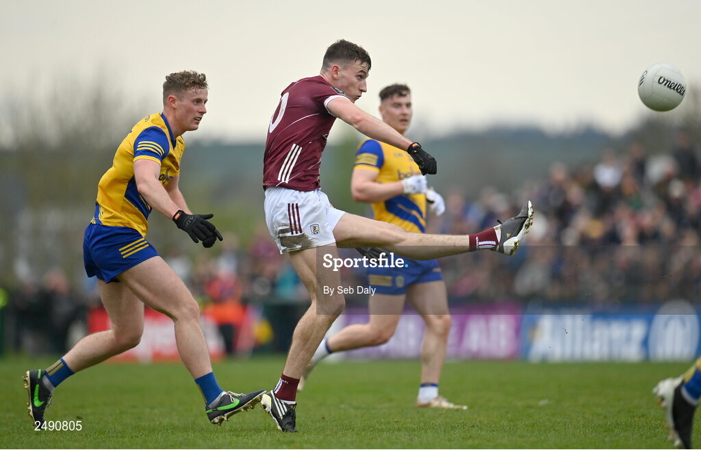 23 April 2023; Matthew Tierney of Galway kicks a point during the Connacht GAA Football Senior Championship Semi-Final match between Roscommon and Galway at Dr Hyde Park in Roscommon. Photo by Seb Daly/Sportsfile