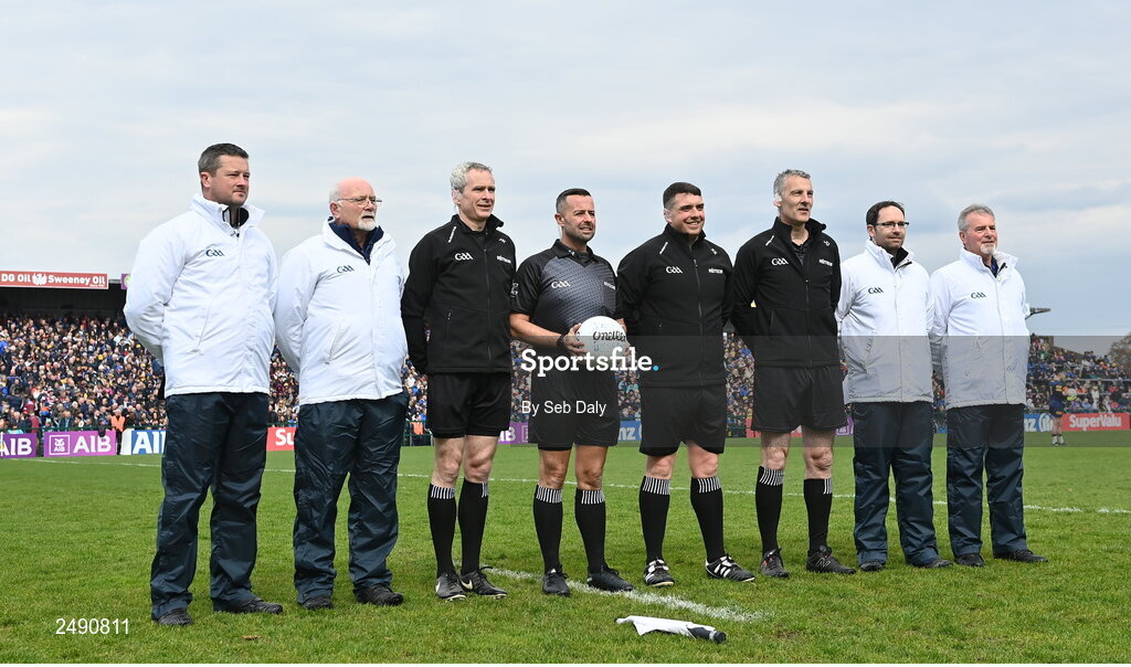 23 April 2023; Referee David Gough and his assistants before the Connacht GAA Football Senior Championship Semi-Final match between Roscommon and Galway at Dr Hyde Park in Roscommon. Photo by Seb Daly/Sportsfile