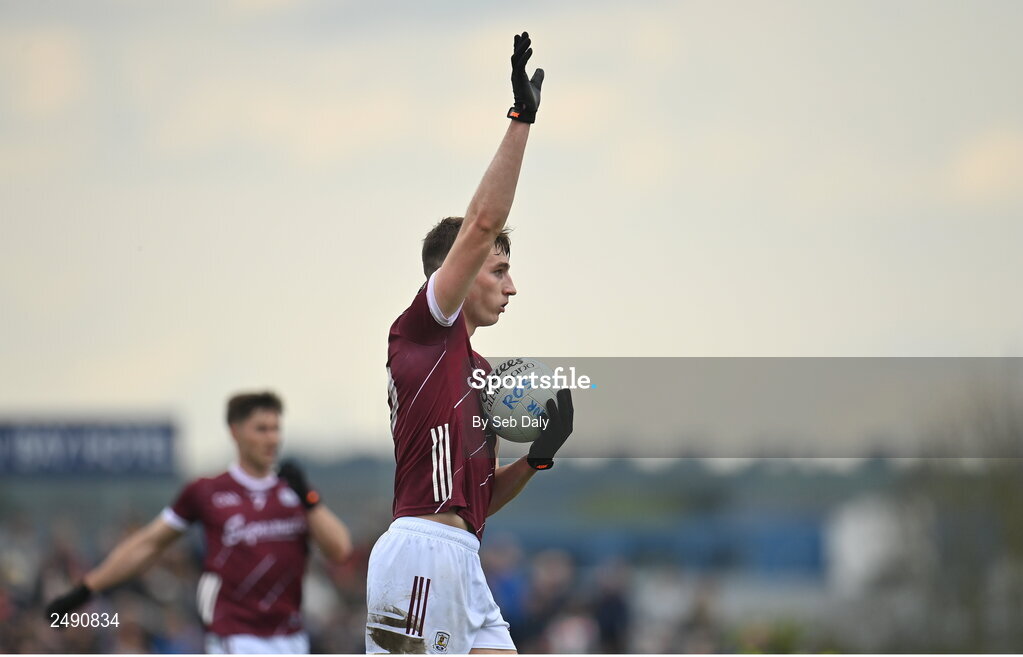 23 April 2023; Matthew Tierney of Galway calls a mark during the Connacht GAA Football Senior Championship Semi-Final match between Roscommon and Galway at Dr Hyde Park in Roscommon. Photo by Seb Daly/Sportsfile