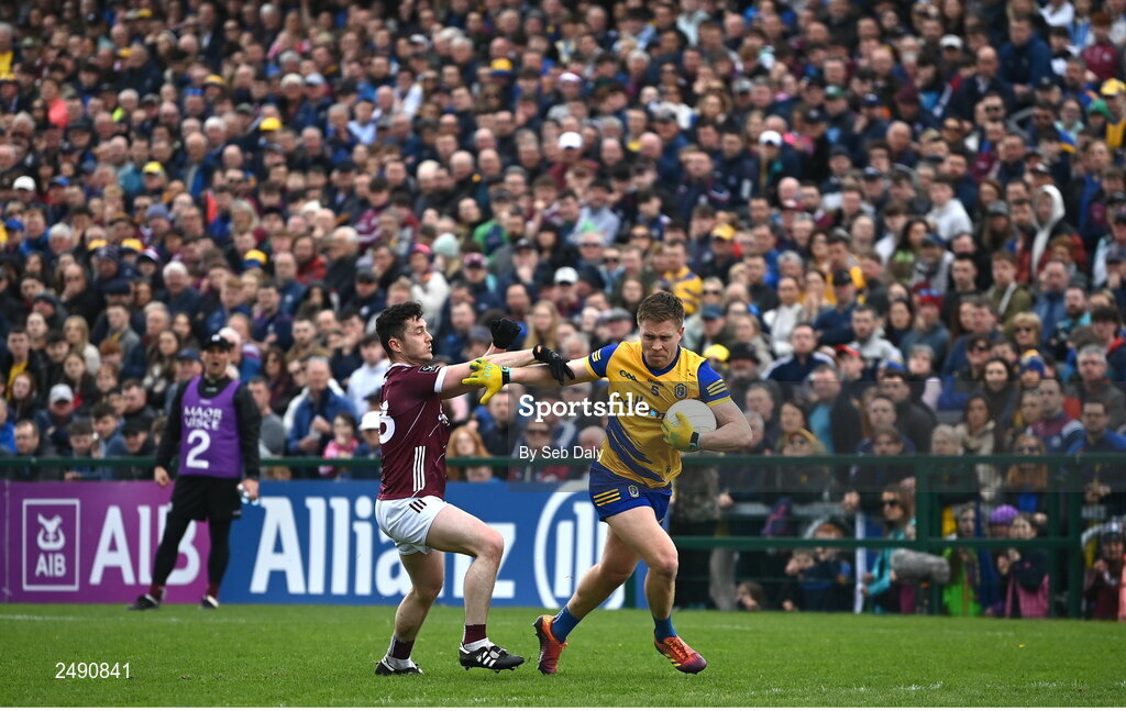23 April 2023; Niall Daly of Roscommon in action against Ian Burke of Galway during the Connacht GAA Football Senior Championship Semi-Final match between Roscommon and Galway at Dr Hyde Park in Roscommon. Photo by Seb Daly/Sportsfile