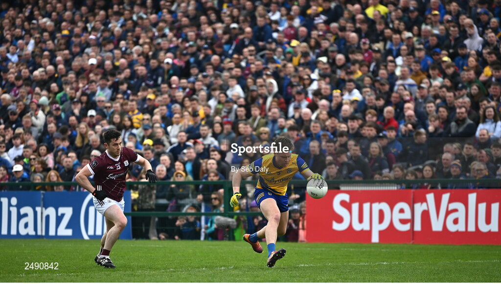 23 April 2023; Niall Daly of Roscommon in action against Ian Burke of Galway during the Connacht GAA Football Senior Championship Semi-Final match between Roscommon and Galway at Dr Hyde Park in Roscommon. Photo by Seb Daly/Sportsfile