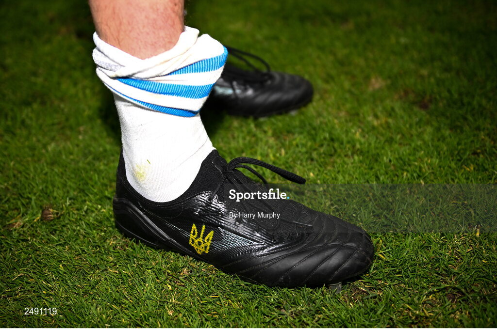 15 April 2023; A detailed view of a Ukraine emblem on the boots of Leinster's Alex Soroka during the United Rugby Championship match between Emirates Lions and Leinster at Emirates Airlines Park in Johannesburg, South Africa. Photo by Harry Murphy/Sportsfile