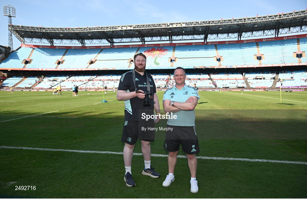 22 April 2023; Leinster videographer Robert Maguire and senior communications & media manager Marcus Ó Buachalla before the United Rugby Championship match between Vodacom Bulls and Leinster at Loftus Versfeld Stadium in Pretoria, South Africa. Photo by Harry Murphy/Sportsfile
