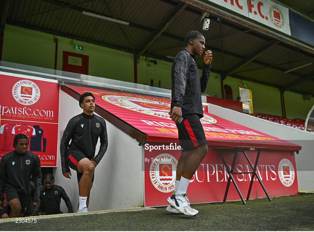 6 May 2023; The Cherry Orchard FC team make their way onto the pitch before the FAI Under 17 Cup Final 2022/23 match between Cherry Orchard FC and St Kevin’s Boys FC at Richmond Park in Dublin. Photo by Tyler Miller/Sportsfile