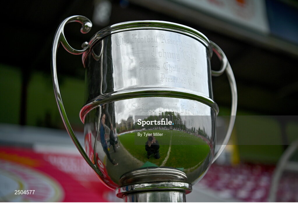 6 May 2023; A general view of the Johnny Giles Uunder 17 Cup before the FAI Under 17 Cup Final 2022/23 match between Cherry Orchard FC and St Kevin’s Boys FC at Richmond Park in Dublin. Photo by Tyler Miller/Sportsfile