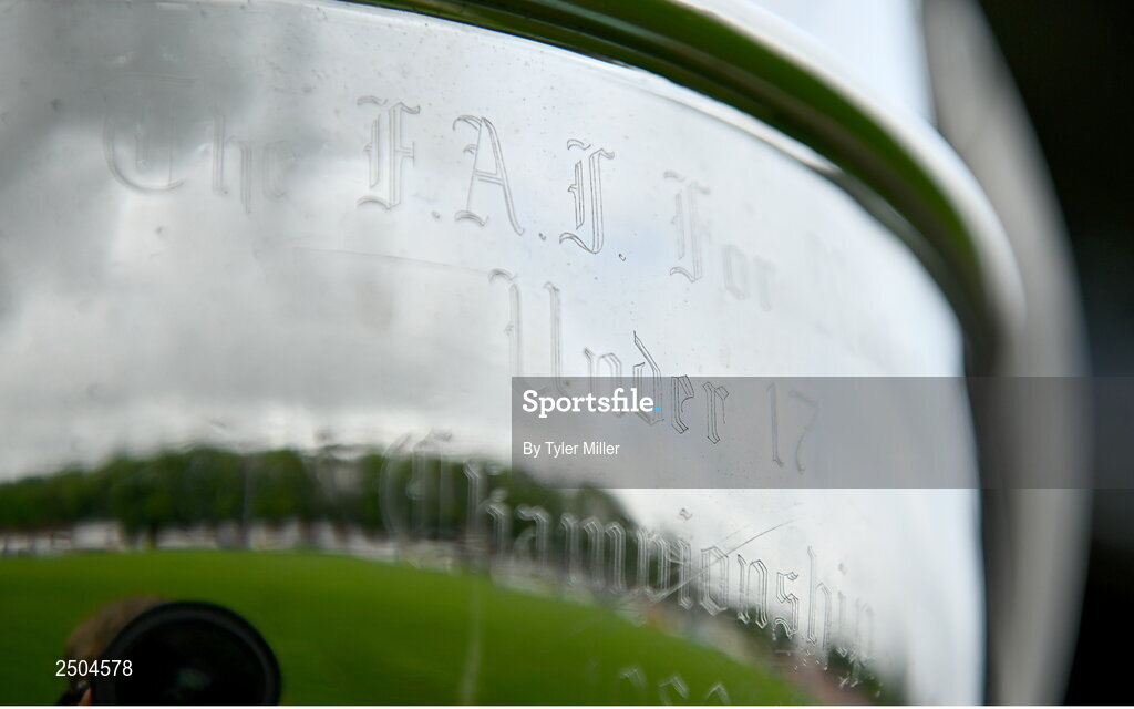 6 May 2023; A detailed view of the Johnny Giles Under 17 Cup before the FAI Under 17 Cup Final 2022/23 match between Cherry Orchard FC and St Kevin’s Boys FC at Richmond Park in Dublin. Photo by Tyler Miller/Sportsfile