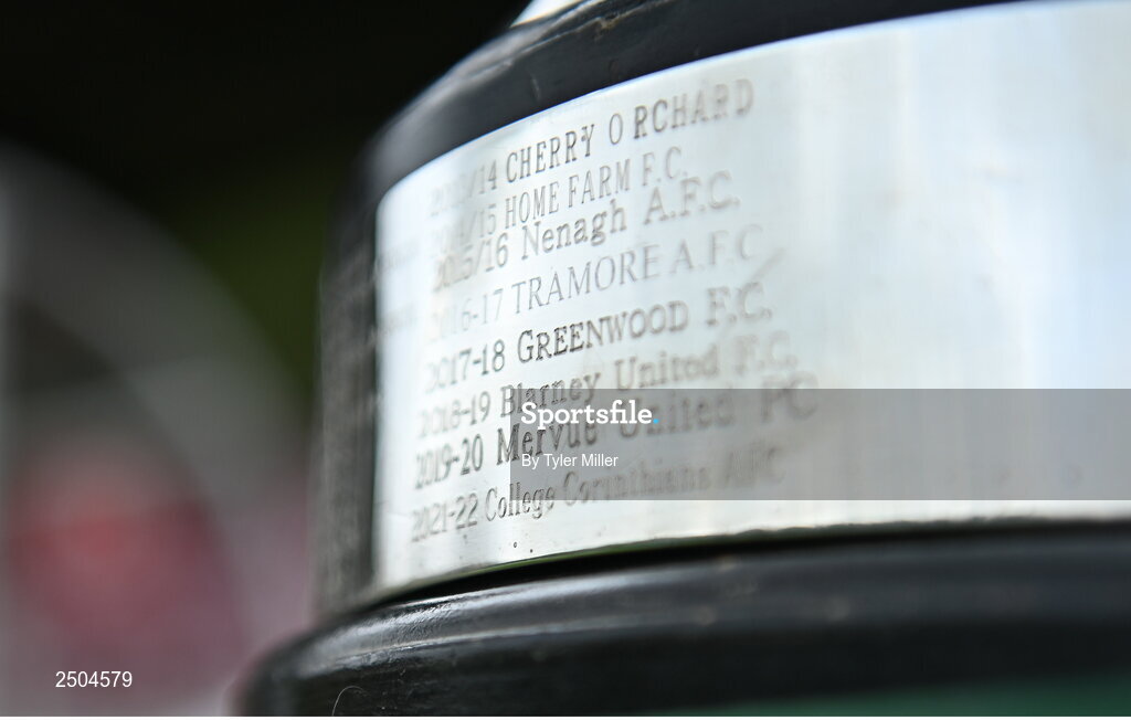 6 May 2023; A detailed view of the previous winners of the Johnny Giles Under 17 Cup before the FAI Under 17 Cup Final 2022/23 match between Cherry Orchard FC and St Kevin’s Boys FC at Richmond Park in Dublin. Photo by Tyler Miller/Sportsfile