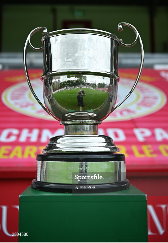 6 May 2023; A general view of the Johnny Giles Under 17 Cup before the FAI Under 17 Cup Final 2022/23 match between Cherry Orchard FC and St Kevin’s Boys FC at Richmond Park in Dublin. Photo by Tyler Miller/Sportsfile