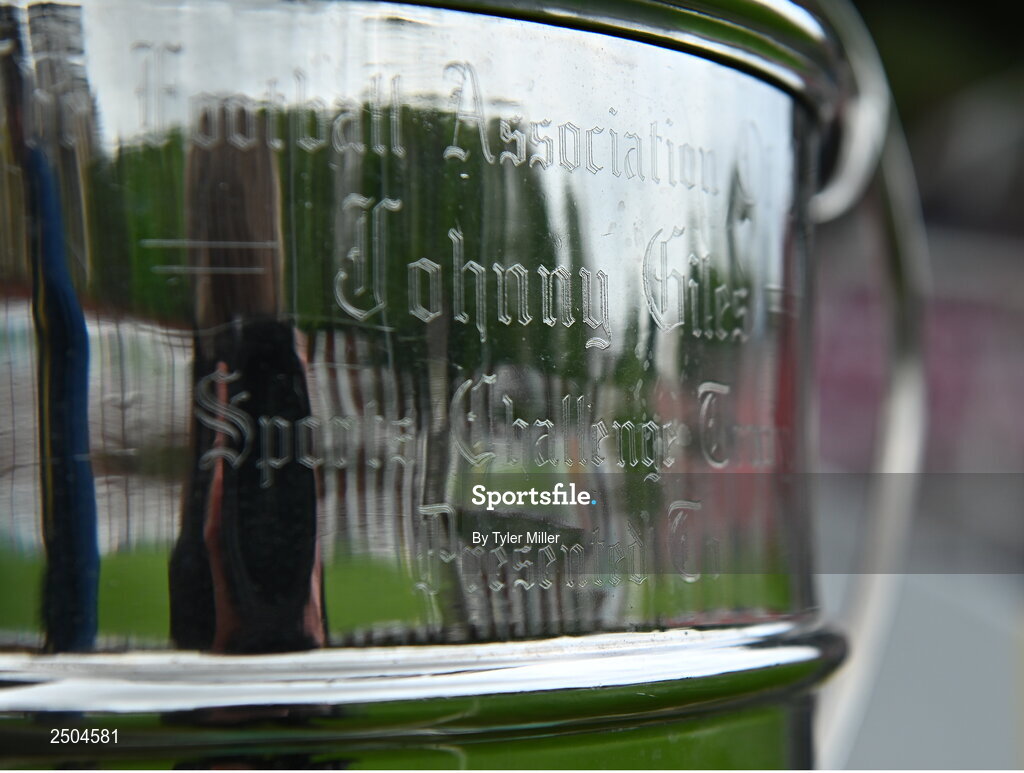 6 May 2023; A detailed view of the Johnny Giles Under 17 Cup before the FAI Under 17 Cup Final 2022/23 match between Cherry Orchard FC and St Kevin’s Boys FC at Richmond Park in Dublin. Photo by Tyler Miller/Sportsfile