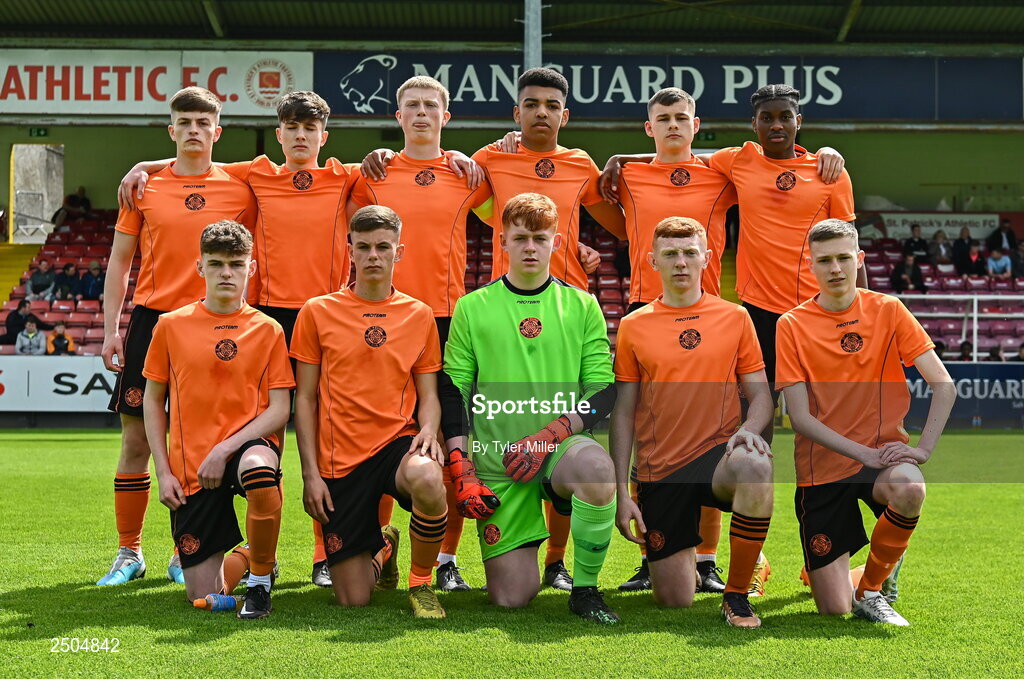 6 May 2023; The St Kevin's Boys FC squad stand for a team photo before the FAI Under 17 Cup Final 2022/23 match between Cherry Orchard FC and St Kevin’s Boys FC at Richmond Park in Dublin. Photo by Tyler Miller/Sportsfile