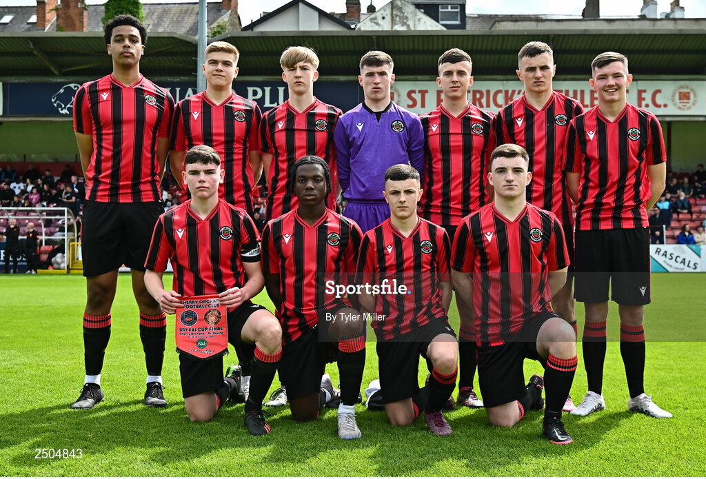 6 May 2023; The Cherry Orchard FC squad stand for a team photo before the FAI Under 17 Cup Final 2022/23 match between Cherry Orchard FC and St Kevin’s Boys FC at Richmond Park in Dublin. Photo by Tyler Miller/Sportsfile