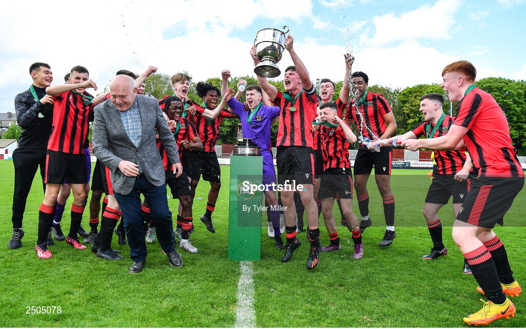 6 May 2023; Cherry Orchard FC players celebrate with the cup after their side's victory in the FAI Under 17 Cup Final 2022/23 match between Cherry Orchard FC and St Kevin’s Boys FC at Richmond Park in Dublin. Photo by Tyler Miller/Sportsfile