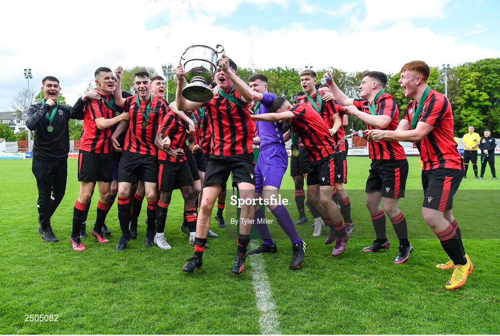 6 May 2023; Cherry Orchard FC players celebrate with the cup after their side's victory in the FAI Under 17 Cup Final 2022/23 match between Cherry Orchard FC and St Kevin’s Boys FC at Richmond Park in Dublin. Photo by Tyler Miller/Sportsfile