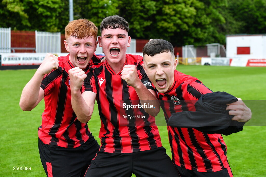 6 May 2023; Cherry Orchard FC players, from left, Evan Reel, Dane Mahon, and Kian Matthews celebrate after their side's victory in the FAI Under 17 Cup Final 2022/23 match between Cherry Orchard FC and St Kevin’s Boys FC at Richmond Park in Dublin. Photo by Tyler Miller/Sportsfile