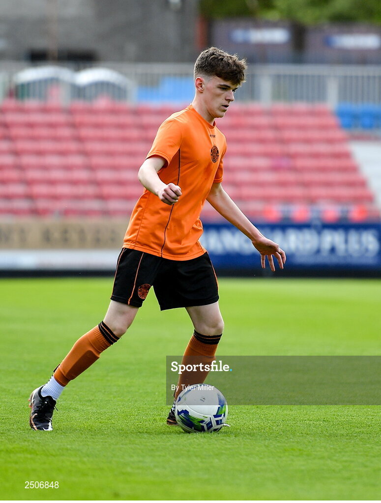 6 May 2023; Luke O'Connor of St Kevin's FC during the FAI Under 17 Cup Final 2022/23 match between Cherry Orchard FC and St Kevin’s Boys FC at Richmond Park in Dublin. Photo by Tyler Miller/Sportsfile