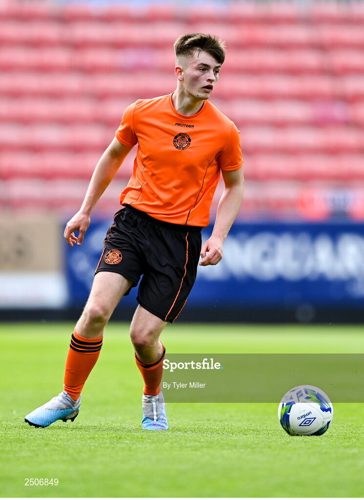 6 May 2023; Luke O'Connor of St Kevin's FC during the FAI Under 17 Cup Final 2022/23 match between Cherry Orchard FC and St Kevin’s Boys FC at Richmond Park in Dublin. Photo by Tyler Miller/Sportsfile