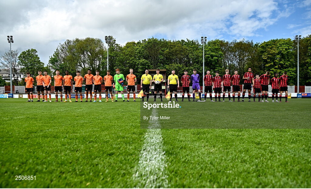 6 May 2023; Players from both sides before the FAI Under 17 Cup Final 2022/23 match between Cherry Orchard FC and St Kevin’s Boys FC at Richmond Park in Dublin. Photo by Tyler Miller/Sportsfile