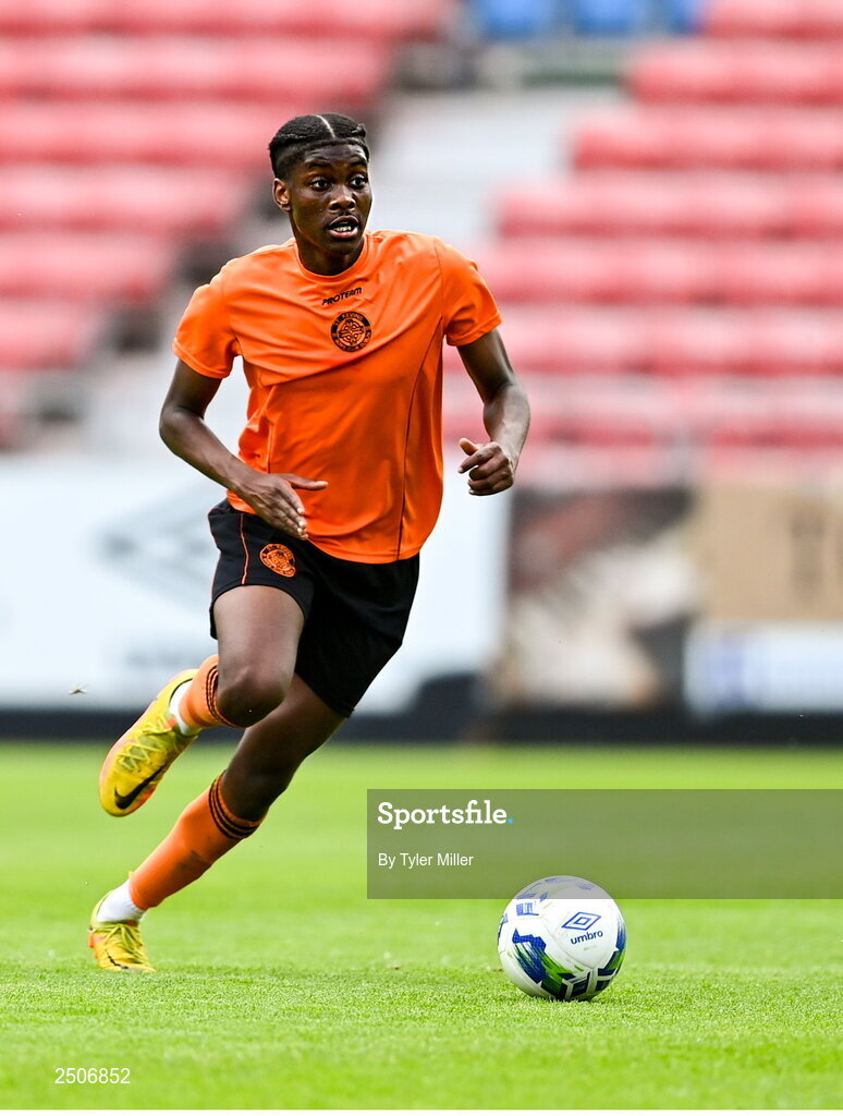 6 May 2023; Thalaga Segoapa of St Kevin's FC during the FAI Under 17 Cup Final 2022/23 match between Cherry Orchard FC and St Kevin’s Boys FC at Richmond Park in Dublin. Photo by Tyler Miller/Sportsfile