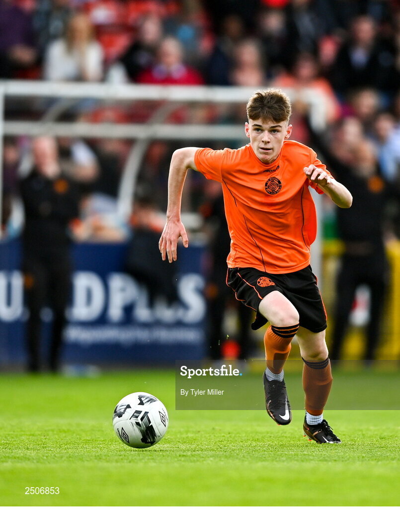 6 May 2023; Sam Dunne of St Kevin's FC during the FAI Under 17 Cup Final 2022/23 match between Cherry Orchard FC and St Kevin’s Boys FC at Richmond Park in Dublin. Photo by Tyler Miller/Sportsfile