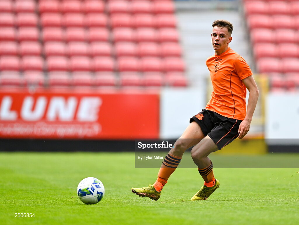 6 May 2023; Jamie Cummins of St Kevin's FC during the FAI Under 17 Cup Final 2022/23 match between Cherry Orchard FC and St Kevin’s Boys FC at Richmond Park in Dublin. Photo by Tyler Miller/Sportsfile
