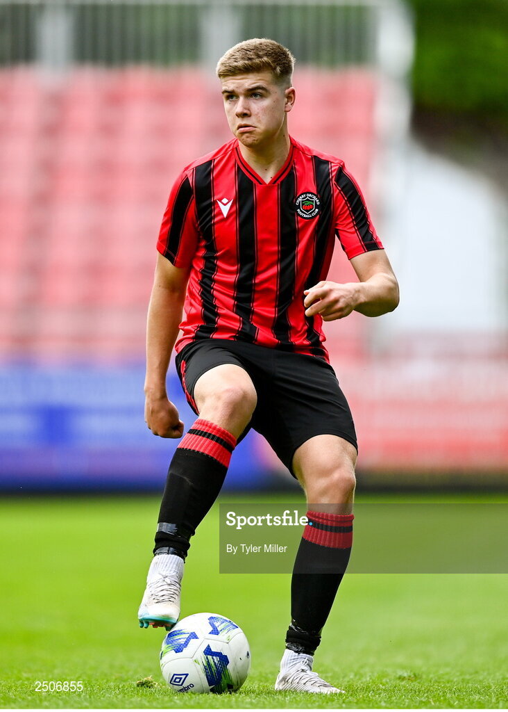 6 May 2023; Troy O'Dowd of Cherry Orchard FC during the FAI Under 17 Cup Final 2022/23 match between Cherry Orchard FC and St Kevin’s Boys FC at Richmond Park in Dublin. Photo by Tyler Miller/Sportsfile