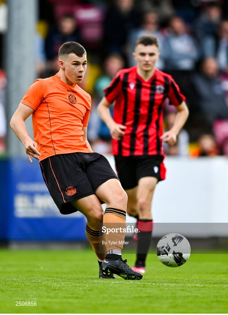 6 May 2023; Karl Hearns of St Kevin's FC during the FAI Under 17 Cup Final 2022/23 match between Cherry Orchard FC and St Kevin’s Boys FC at Richmond Park in Dublin. Photo by Tyler Miller/Sportsfile