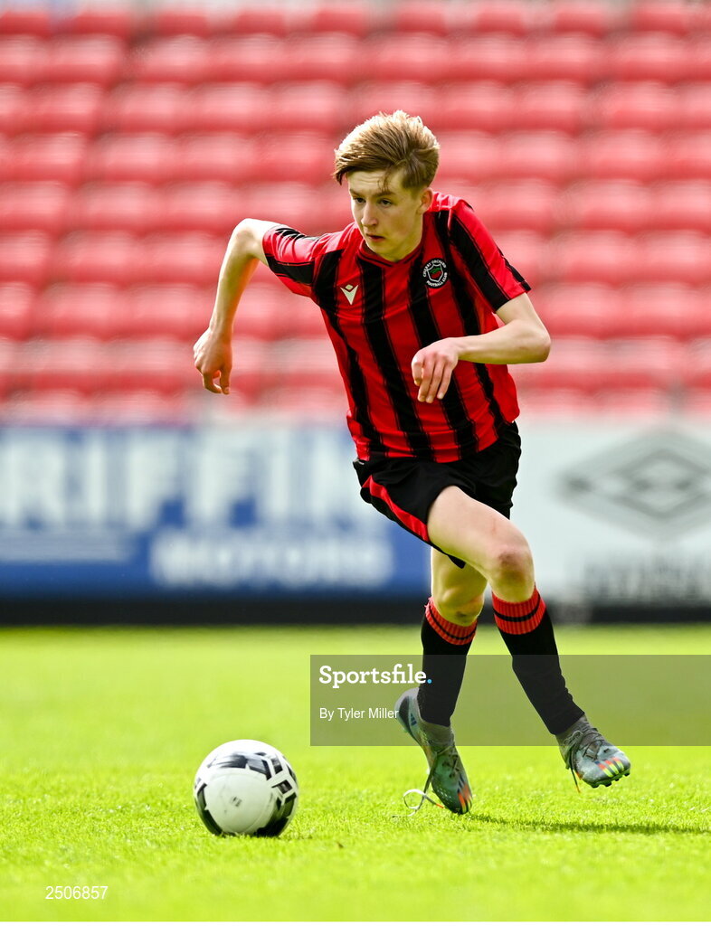 6 May 2023; Adam Byrne of Cherry Orchard FC during the FAI Under 17 Cup Final 2022/23 match between Cherry Orchard FC and St Kevin’s Boys FC at Richmond Park in Dublin. Photo by Tyler Miller/Sportsfile