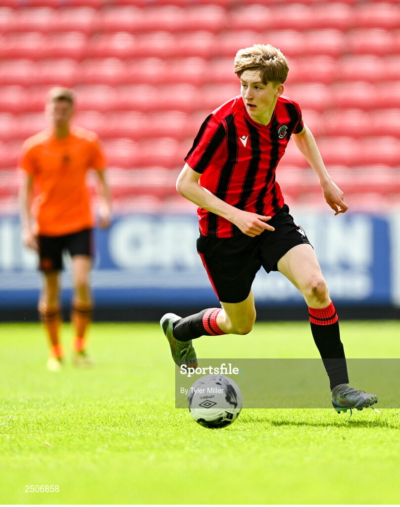 6 May 2023; Adam Byrne of Cherry Orchard FC during the FAI Under 17 Cup Final 2022/23 match between Cherry Orchard FC and St Kevin’s Boys FC at Richmond Park in Dublin. Photo by Tyler Miller/Sportsfile