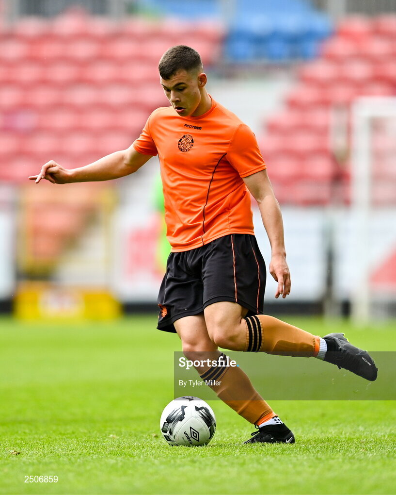 6 May 2023; Karl Hearns of St Kevin's FC during the FAI Under 17 Cup Final 2022/23 match between Cherry Orchard FC and St Kevin’s Boys FC at Richmond Park in Dublin. Photo by Tyler Miller/Sportsfile