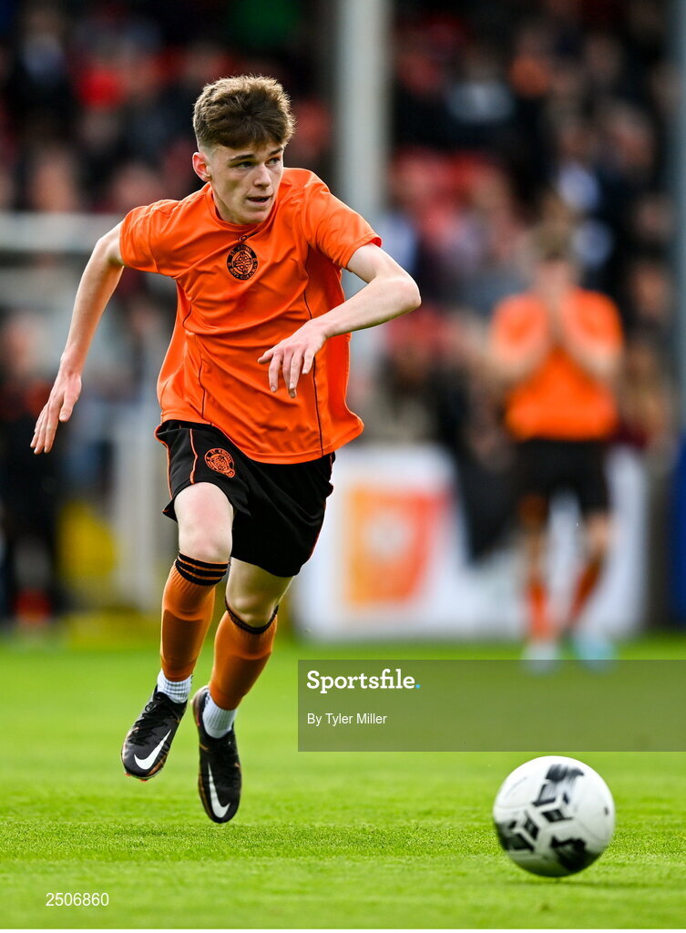 6 May 2023; Sam Dunne of St Kevin's FC during the FAI Under 17 Cup Final 2022/23 match between Cherry Orchard FC and St Kevin’s Boys FC at Richmond Park in Dublin. Photo by Tyler Miller/Sportsfile
