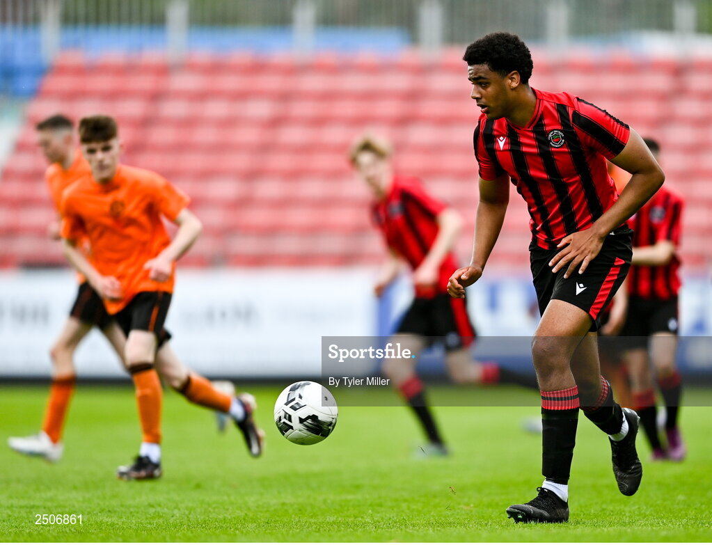 6 May 2023; Josh Okagbue of Cherry Orchard FC during the FAI Under 17 Cup Final 2022/23 match between Cherry Orchard FC and St Kevin’s Boys FC at Richmond Park in Dublin. Photo by Tyler Miller/Sportsfile