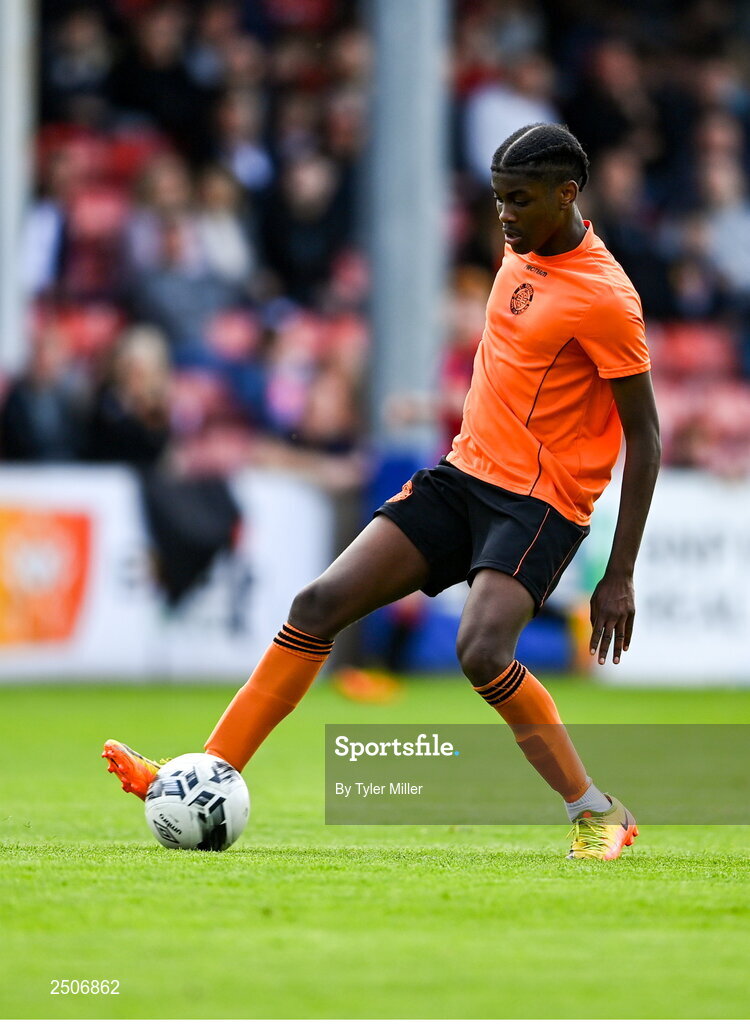 6 May 2023; Thalaga Segoapa of St Kevin's FC during the FAI Under 17 Cup Final 2022/23 match between Cherry Orchard FC and St Kevin’s Boys FC at Richmond Park in Dublin. Photo by Tyler Miller/Sportsfile