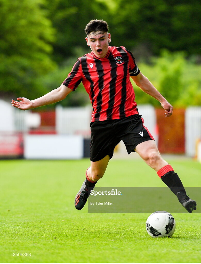 6 May 2023; Dane Mahon of Cherry Orchard FC during the FAI Under 17 Cup Final 2022/23 match between Cherry Orchard FC and St Kevin’s Boys FC at Richmond Park in Dublin. Photo by Tyler Miller/Sportsfile