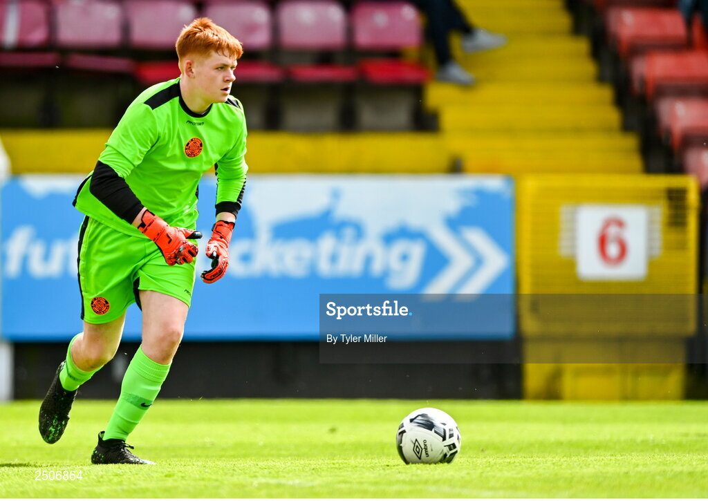 6 May 2023; St Kevin's FC goalkeeper Calvin Fennelly during the FAI Under 17 Cup Final 2022/23 match between Cherry Orchard FC and St Kevin’s Boys FC at Richmond Park in Dublin. Photo by Tyler Miller/Sportsfile