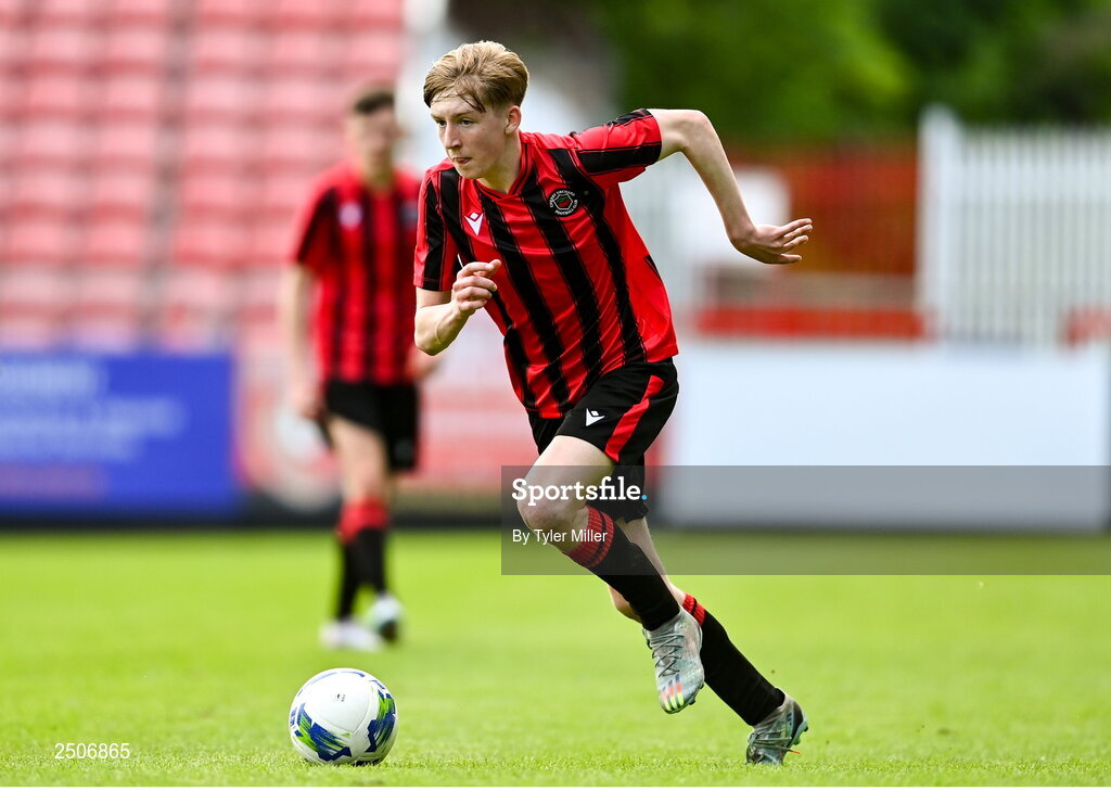 6 May 2023; Adam Byrne of Cherry Orchard FC during the FAI Under 17 Cup Final 2022/23 match between Cherry Orchard FC and St Kevin’s Boys FC at Richmond Park in Dublin. Photo by Tyler Miller/Sportsfile