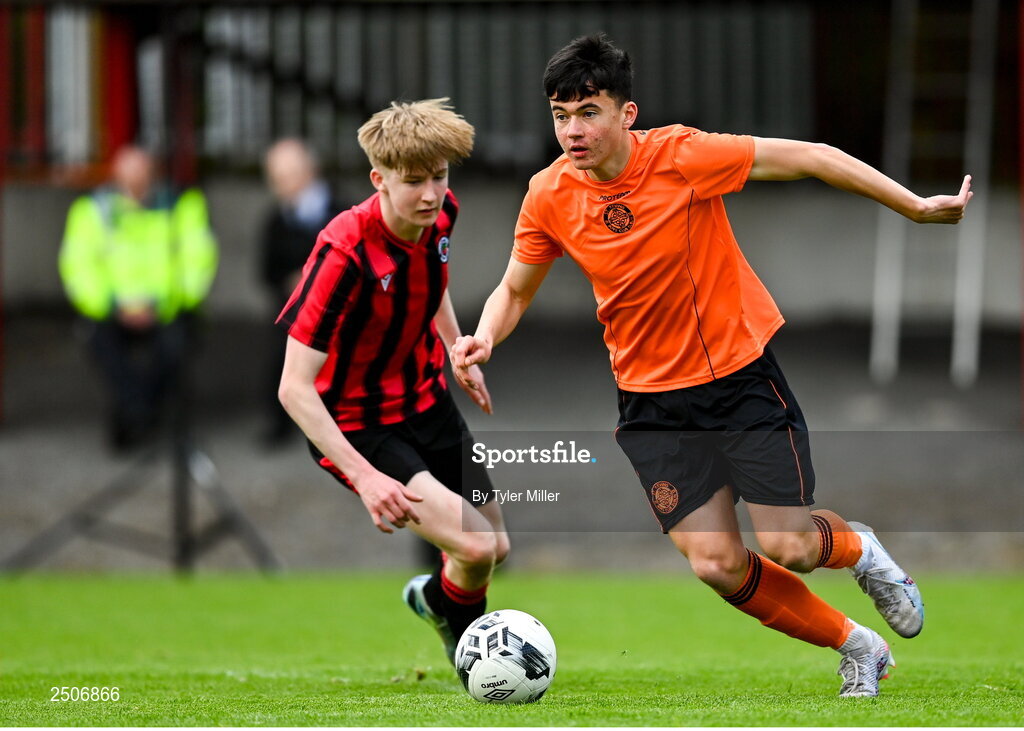 6 May 2023; Daniel Cheung of St Kevin's FC during the FAI Under 17 Cup Final 2022/23 match between Cherry Orchard FC and St Kevin’s Boys FC at Richmond Park in Dublin. Photo by Tyler Miller/Sportsfile