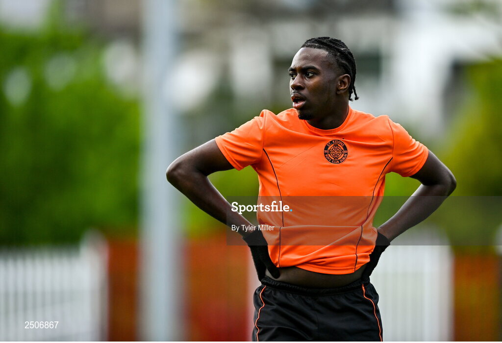 6 May 2023; Idris Olafimihan of St Kevin's FC during the FAI Under 17 Cup Final 2022/23 match between Cherry Orchard FC and St Kevin’s Boys FC at Richmond Park in Dublin. Photo by Tyler Miller/Sportsfile