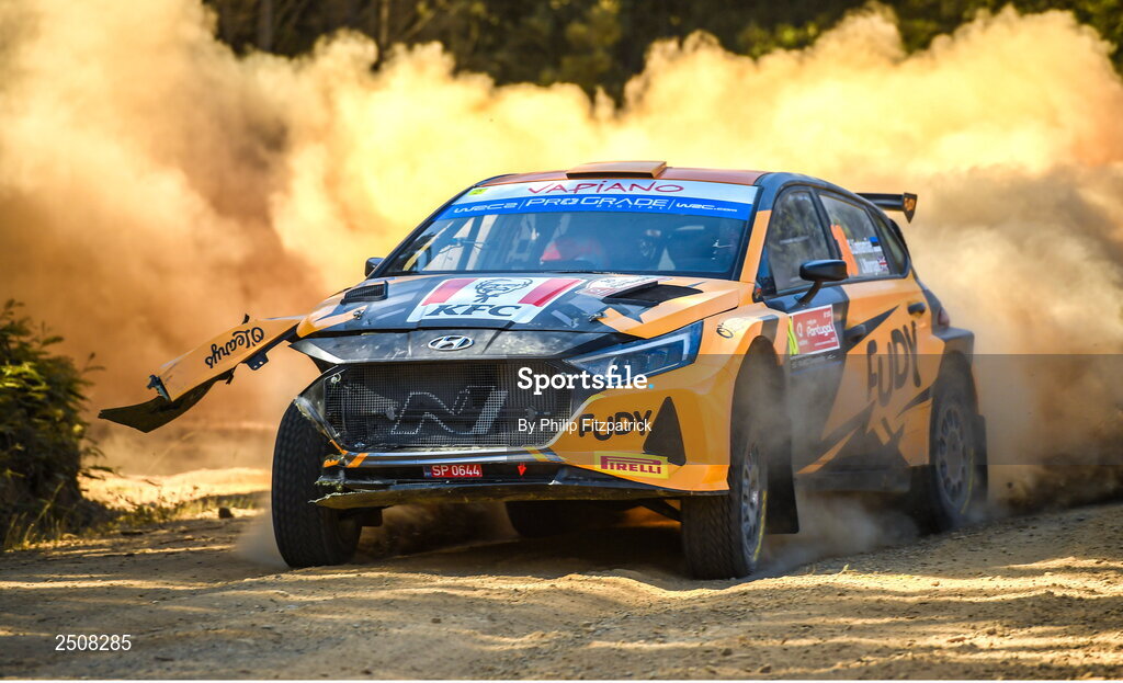12 May 2023; Miguel Correia and Jorge Carvalho in their Skoda Fabia Evo during day two of the FIA World Rally Championship Portugal in Porto, Portugal. Photo by Philip Fitzpatrick/Sportsfile